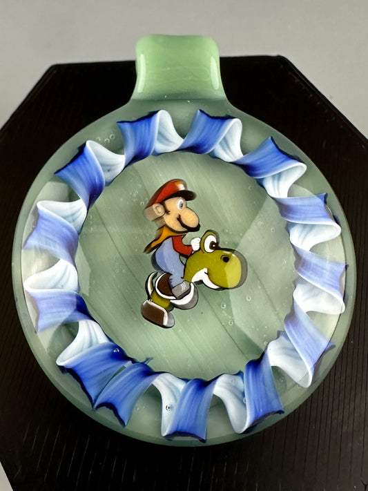 Mint and blue M riding Yosh pendant